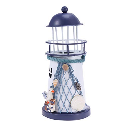 VOSAREA Windlichthalter Vintage Eisen Leuchtturm Modell mit Vogel Fischnetze LED Dekorative Kerzenlaternen Kerzenständer Nautische Maritime Deko (Blau und Weiß)