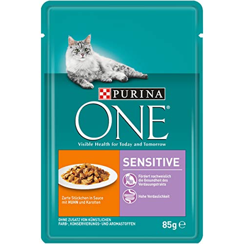 PURINA ONE SENSITIVE Katzenfutter nass, zarte Stückchen in Sauce mit Huhn, 24er Pack (24 x 85g)