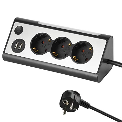 Electraline 62512, Mehrfachsteckdose, 3-fach Steckdosenleiste mit 2 USB-Anschluss und LED-Nachtlicht (mit Schalter) Multifunktionale Ecksteckdose für Küche und Büro (1, 5M Kabel)