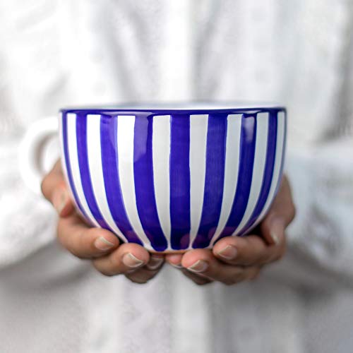 City to Cottage® - Keramik XXL Tasse 500 ml | Kaffeebecher | Blau-Weiß gestreift | Handgemacht | Keramik Geschirr | Große Tasse