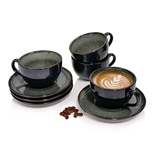 SÄNGER | Kaffeetassen Set Kopenhagen mit Untertassen, 8-teiliges Tassen Set aus Steingut, Einzigartiges Vintage-Design | 200 ml