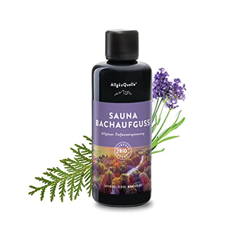 AllgäuQuelle® Saunaaufguss mit 100% BIO-Öle Tiefenentspannung Lavendel Zeder Mandarine (100ml). Natürlicher Sauna-aufguss m. ätherische Sauna-Öle im Aufgussmittel. Saunaöl natrurrein und biologisch