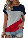 Fisoew Damen T-Shirt Rundhals Farbblock Kurzarm Shirt Casual Oberteil Sommer locker Tops (Rot, M)