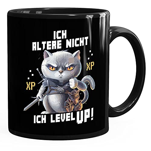 MoonWorks® Kaffee-Tasse Gaming ich altere nicht ich level up! Zocker Sprüche Fun-Shirt Katze Cat Videospiele lustig schwarz Keramik-Tasse
