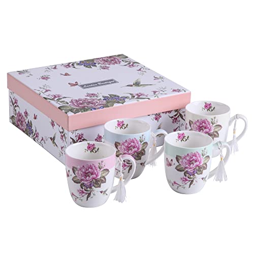 London Boutique | Tee- und Kaffeetassen-Set aus Keramik und Porzellan | Vogel-, Rosen- und Schmetterlingsmotiv | Shabby-Chic-Design | in einer Geschenkbox geliefert | 330 ml