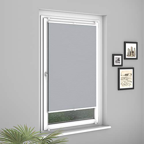 Fensterdecor Klemmfix Premium Plus Waben-Plissee, Doppel-Plissee mit Klemmträgern, Honigwaben-Plissee ohne Bohren in Grau, lichtundurchlässig und Blickdicht, 80 x 130 cm