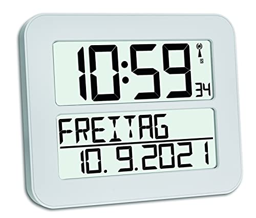 TFA Dostmann TimeLine Max Funkuhr, Wanduhr, digital, mit Wochentag und Weckfunktion, weiß, 60.4512.02