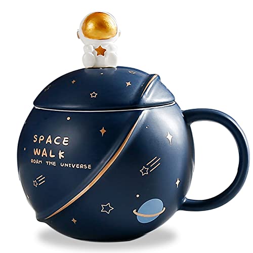 ZONSUSE Süße Astronauten Tasse, Kawaii Coffee Mug, Kaffeebecher Porzellan, Keramik Tasse mit Deckel und Löffel, für Tee, Saft und Milch, Lustige Geburtstags und Muttertagsgeschenke, 400ML (Dunkelblau)