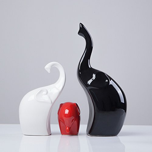 Unibest Dekofiguren aus Porzellan Elefanten Familie 3-er Set Höhe 24/16/7cm schwarz/weiß/rot