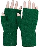 styleBREAKER Damen Fingerlose Handschuhe mit Zopfmuster und dezentem Metallic-Faden, Winter Strickhandschuhe 09010042, Farbe:Grün