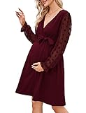 KOJOOIN Damen Umstandskleid Tüll Langarm Stillkleid V-Ausschnitt Swiss Dot Schwangere Kleider Schwangerschaft Knielanges Partykleid mit Gürtel (Verpackung MEHRWEG), A-Weinrot, M