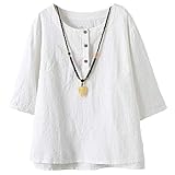 Vogstyle Damen Baumwoll Leinen Tunika T-Shirt Jacquard Oberseiten, Weiß, L
