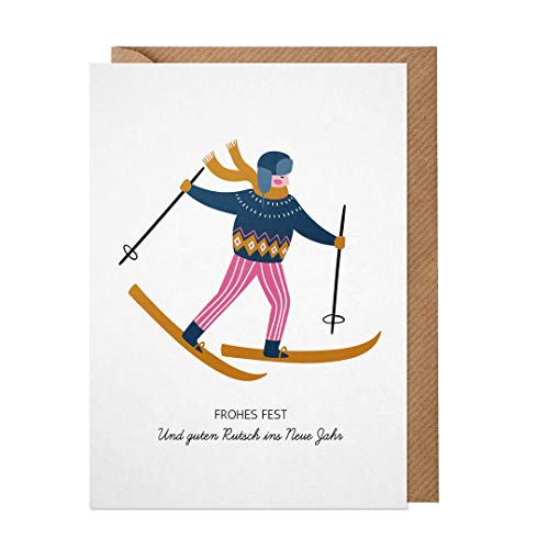 dabelino 1x Weihnachtskarte mit Umschlag:'Skifahrer/Frohes Fest' (Karte Weihnachten einzeln, lustig, witzig, originell, Klappkarte, nachhaltig, Natur-Papier ohne Plastik-Beschichtung, hochwertig)