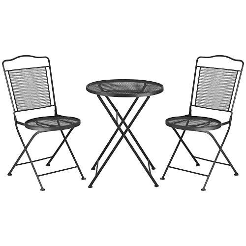 Outsunny Sitzgruppe 3-teilige Essgruppe Bistro-Set Gartenmöbel-Set Balkonmöbel Set 1 Tisch+2 Stühle mit Schirmloch Terrasse Metall Schwarz