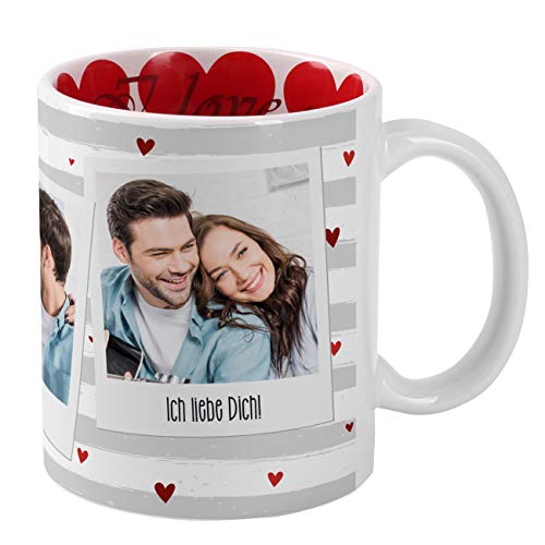 Herz & Heim® Herz-Tasse mit Fotos bedruckt zum Valentinstag - viele Herzen und I Love you im Inneren des Kaffeebechers