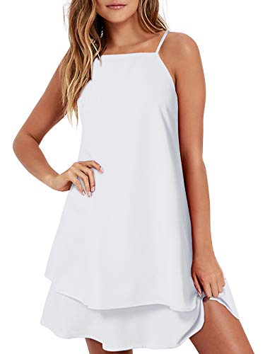Style Dome Sommerkleid Damen Chiffon Minikleid Kurzes Lässig Ärmelloses Rückfreies Casual Strandkleid Weiß XL