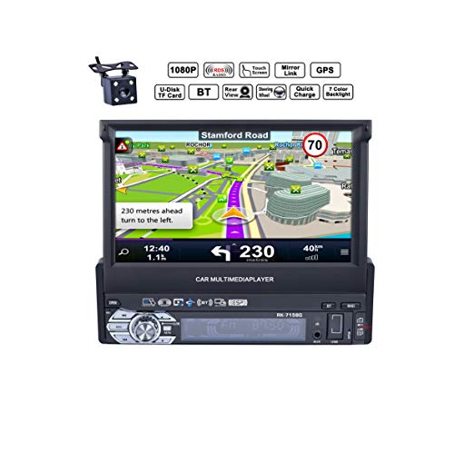 Reakosound Autoradio 1din 7 Zoll 1080P HD Automatisch Ausfahrbarer Touchscreen Mit Bluetooth GPS, Unterstützung Radio FM/AM/BT/SD/USB/MP5/Lenkradsteuerung/Freisprechen, mit Rückfahrkamera
