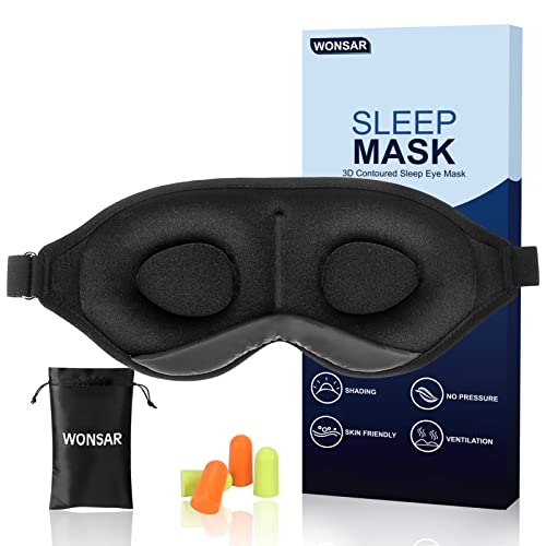 WONSAR Schlafmaske für Frauen und Herren, 100% Lichtblockierende Schlafbrille, Verstellbarem 3D Konturierte Schalen Augenmaske, weich und bequem schlafmasken für Reisen,Schichtarbeit und Nickerchen