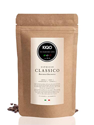 KIQO Classico 1kg Espresso aus Italien | in schonenden Kleinstchargen geröstet | säurearm | 35% Arabica & 65% Robusta Bohnen (1000g - ganze Bohnen)