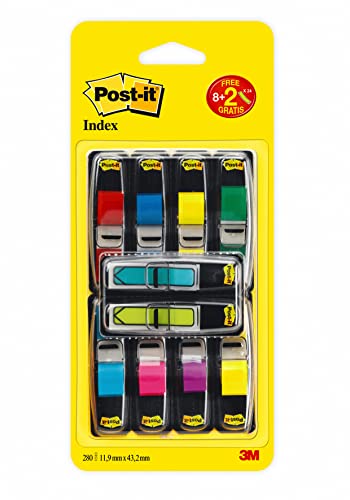Post-it Index Mini Haftstreifen Promotion, farblich sortiert, 11.9mm × 43.2mm, 8 × 35 Index Mini Haftstreifen + 2 Spender mit je 24 Pfeilen GRATIS