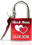 ABUS Liebesschloss mit Gravur - Valentinstagsgeschenk für Sie - Valentinstagstag Geschenk - Liebesschloss mit Gravur und Schlüssel - rot Motiv doppel Herz