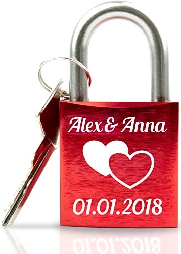 ABUS Liebesschloss mit Gravur - Valentinstagsgeschenk für Sie - Valentinstagstag Geschenk - Liebesschloss mit Gravur und Schlüssel - rot Motiv doppel Herz