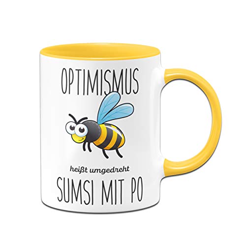 Tassenbrennerei Bienen Tasse mit Spruch Optimismus heißt umgedreht Sumsi mit Po lustige Bürotasse Sprüche Tassen lustig - gelb