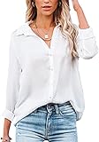 Damen Bluse Elegant V-Ausschnitt Hemd Langarm Arbeit Oberteile Casual Tunika Shirt Lose Langarmshirt Tops (Weiß,M)