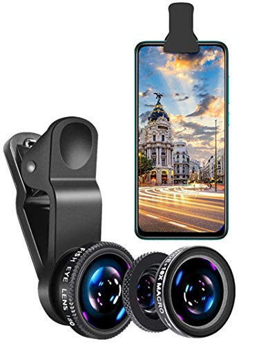 Handy Kamera Objektiv Kit 3-in-1 Handy Objektiv Fischaugenobjektiv + Makroobjektiv + Weitwinkelobjektiv kompatibel mit iPhone, Samsung, Huawei, Laptop, iPad usw. (Schwarz)