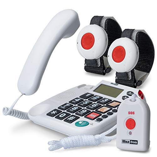 Maxcom KXTSOS: Seniorentelefon, schnurgebundenes Festnetztelefon mit 2 Armband- und 1 Umhängesender, großen Tasten, Adapterstecker