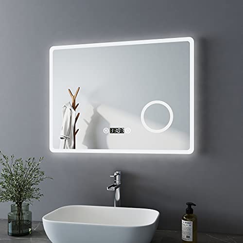 Bath-mann LED Badspiegel 80x60cm mit Beleuchtung Kaltweiß Badezimmerspiegel Spiegel mit Touch Lichtschalter, 3X Vergrößerung Lupe Schminkspiegel, Beschlagfrei, Uhr, Wandspiegel Horizontal
