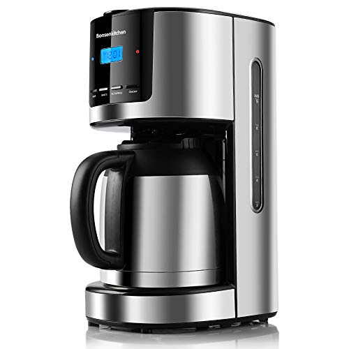 Bonsenkitchen Filterkaffeemaschine, mit Thermoskanne und Timer, 1.5L Programmierbare Edelstahl Kaffeemaschine mit Anti-Drip-Funktion, 10-12 Tassen, LED-Anzeige, Abnehmbarer Filter, CM8003