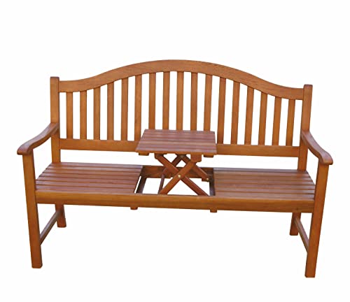 Spetebo Eukalyptus Gartenbank Phuket mit integriertem Tisch - 150 x 105 cm - FSC Holz Sitzbank für 3 Personen - Terrasse Balkon Garten Bank 3-Sitzer Hartholz geölt massiv