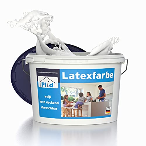plid® Latexfarbe Weiß seidenglänzend [5L] - Abwaschbare Farbe Innen für Küche & Badezimmer - Latexfarbe abwaschbar leicht zu reinigen & nicht schlämmend -Latexfarbe abwaschbar nicht füllend