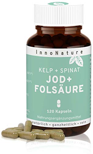 Natürliche Folsäure + Jod (aus Kelp Algen Extrakt + Spinat Extrakt) 120 Kapseln. 150 µg Jod + 800 µg Folsäure Für Kinderwunsch + Schwangerschaft. 100% natürlich, hochdosiert, vegan & hergestellt in DE