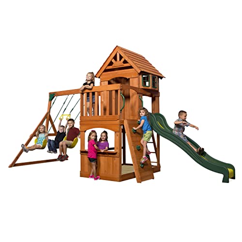 Backyard Discovery Spielturm Holz Atlantic | Stelzenhaus für Kinder mit Rutsche, Schaukel, Kletterwand | XXL Spielhaus / Kletterturm für den Garten