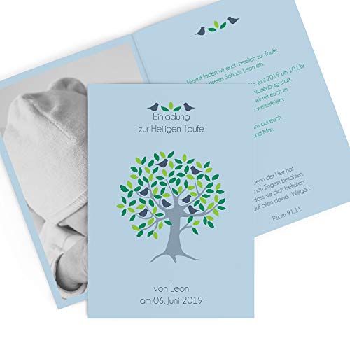 Hochwertige Taufkarte'Lebensbaum' in Blau | Einladungen zur Taufe mit Druck Ihrer eigenen Texte | 15 Stück | Taufeinladungen