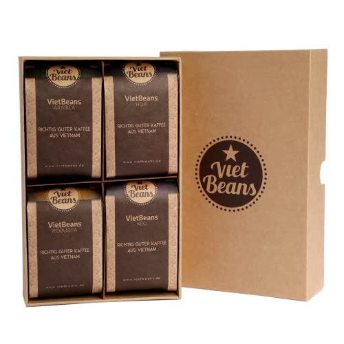 VietBeans Kaffeebohnen Probierset in Geschenkbox - Vier spannende Kaffeesorten für Kaffeeliebhaber - Kaffee Geschenkset Ganze Bohnen - Geschenkidee Kaffee - Probier Set 4 x 80g