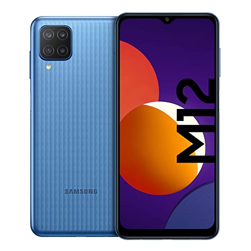 Samsung Galaxy M12 Android Smartphone ohne Vertrag, Quad-Kamera, 6,5 Zoll Infinity-V Display, starker 5.000 mAh Akku, 128 GB/4GB, Handy in Blau, (Deutsche Version) [Exklusiv bei Amazon]