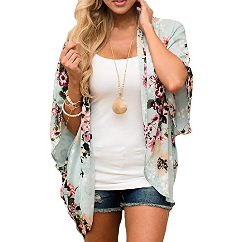 ECOMBOS Damen Florale Kimono Cardigan - Chiffon Tops Cardigan Bluse Shawl Sommer Beachwear Cover up Leichte Boho Strand Jacke (Grün, M)