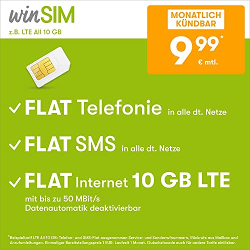 Handytarif winSIM z.B. LTE All 10 GB – (Flat Internet 10 GB LTE, Flat Telefonie, Flat SMS und Flat EU-Ausland, 9,99 Euro/Monat, monatlich kündbar) oder andere Tarife