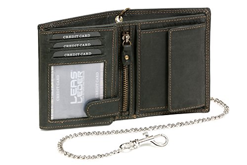 RFID Bikerkombibörse im Hochformat mit Chrom-Kette LEAS MCL im Vintage-Stil in Echt-Leder, schwarz - LEAS Chain-Series