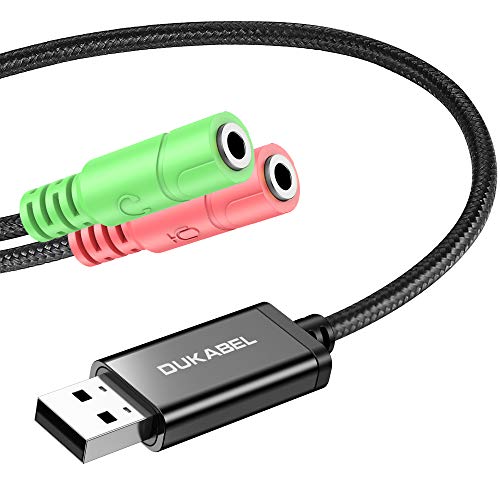 DuKabel Externe USB Soundkarte Adapter für Computer, Laptop und PS4, USB auf 2 x 3.5mm Buchse Aux Audio Konverter Kabel für Kopfhörer, Lautsprecher und 3 Pole TRS Mikrofon - Schwarz