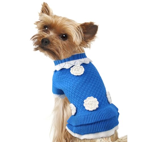 Joytale Hundepullover, Winter Warmen Rollkragen Hunde Strickpullover Kleidung für Katzen Welpen kleine Hunde, Hundemantel Klamotten mit Süße Blumen, Rückenlänge, Blau