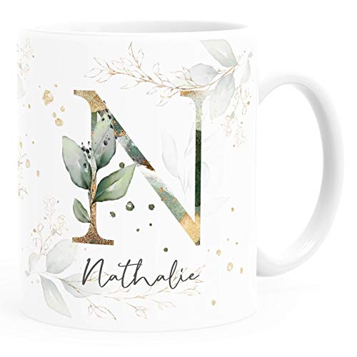 SpecialMe® Kaffee-Tasse mit Buchstabe Monogramm personalisiert mit Wunschname Initiale Blätter-Motiv persönliche Geschenke weiß Keramik-Tasse