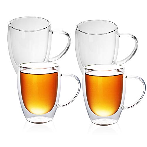 INTIRILIFE 4X Doppelwandiges Thermo Glas Set in 300-400ml – Mundgeblasen isoliert für Latte Macchiato, als Teeglas oder Kaffeeglas Spülmaschinen geeignet mit Henkel