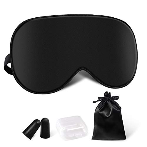 Schlafmaske Damen und Herren, Augenmaske Nachtmaske Seide Schlafbrille Verstellbarem Augenschutz für Reisen,Schichtarbeit und Nickerchen Schwarz Inklusive Ohrstöpsel Aufbewahrungstasche