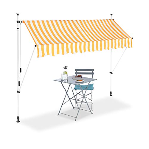 Relaxdays Klemmmarkise, Balkon Sonnenschutz, einziehbar, Fallarm, ohne Bohren, höhenverstellbar, 250 cm breit, gelb gestreift
