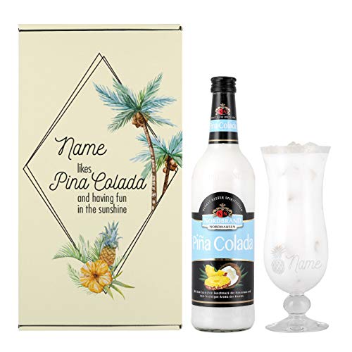 Herz & Heim® Personalisiertes Cocktail Geschenkset mit Pina Colada und graviertem Cocktailglas in Geschenkverpackung