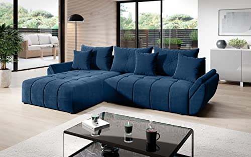 FURNIX Ecksofa Calvani mit Schlaffunktion und Bettkasten - Couch Wohnzimmersofa mit Kissen - L-Form Sofa, Stellfüße in Chromoptik - B280 x T190 x H91 cm, Liegefläche 230 x 149 cm - MH 77 (blau)
